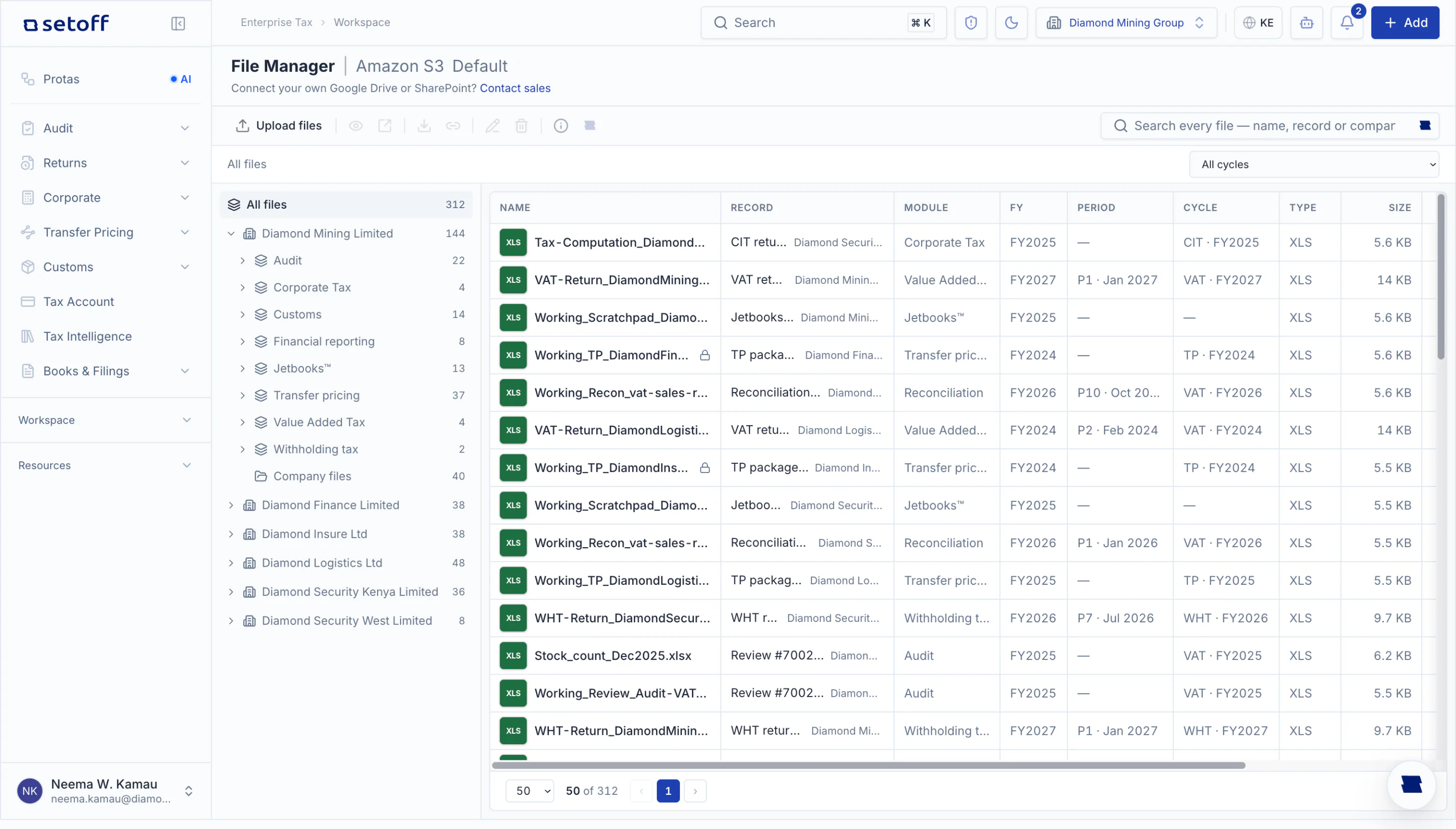 The File Manager: 312 records gathered for the group, filed by company, module and tax year.