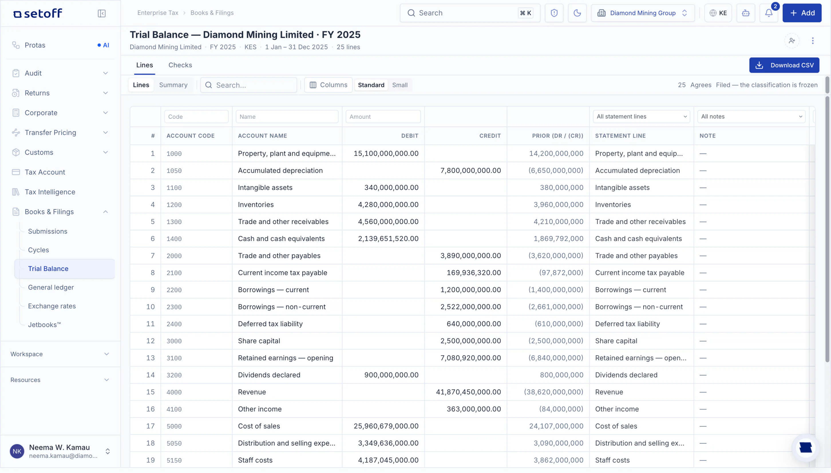 The rebuilt trial balance for Diamond Mining Limited, FY2025, in KES: each account with its debit, credit, prior year and statement line.